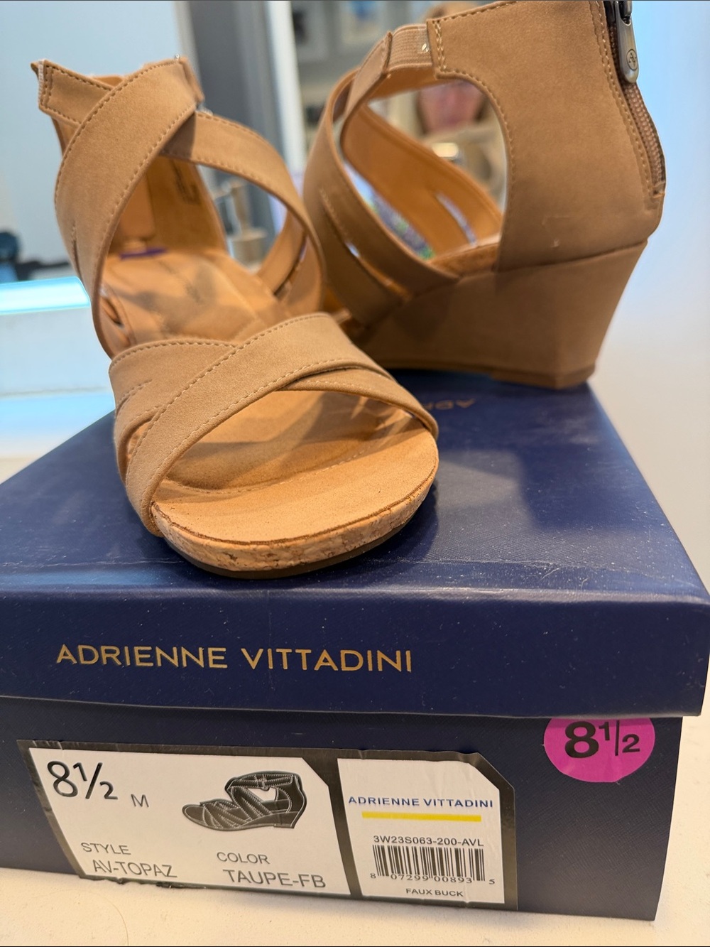 Adrienne Vittadini Taupe Faux-Suede Strappy Wedge Sandals